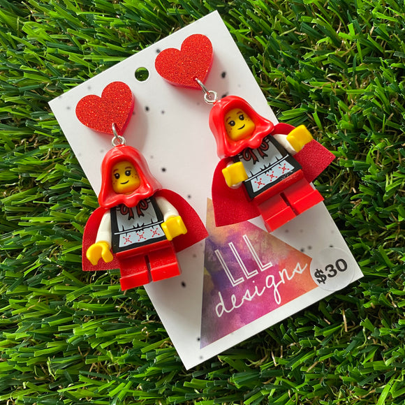 Red Caped Girl Brick Character Dangle Earrings - Featuring a Glittery Red Heart Shaped Top!