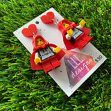 Red Caped Girl Brick Character Dangle Earrings - Featuring a Glittery Red Heart Shaped Top!