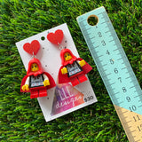 Red Caped Girl Brick Character Dangle Earrings - Featuring a Glittery Red Heart Shaped Top!