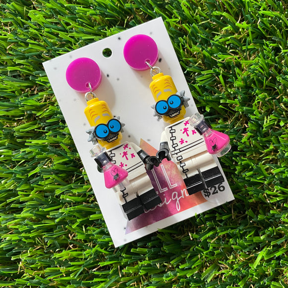 Mad Scientist Brick Character Dangle Earrings - Featuring a Purple Top!