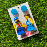 Pirate Couple Brick Character Dangle Earrings - Featuring a Glittery Blue Top!