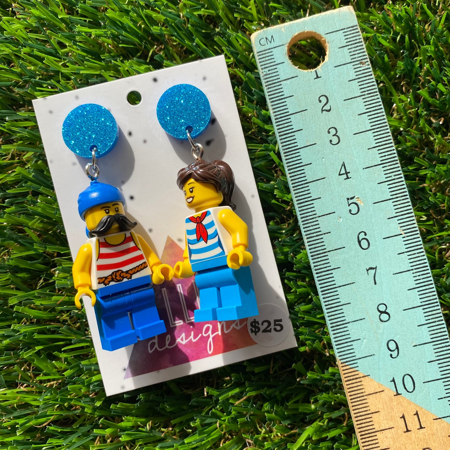 Pirate Couple Brick Character Dangle Earrings - Featuring a Glittery Blue Top!