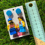 Pirate Couple Brick Character Dangle Earrings - Featuring a Glittery Blue Top!