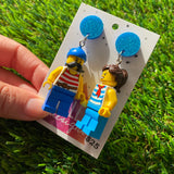 Pirate Couple Brick Character Dangle Earrings - Featuring a Glittery Blue Top!