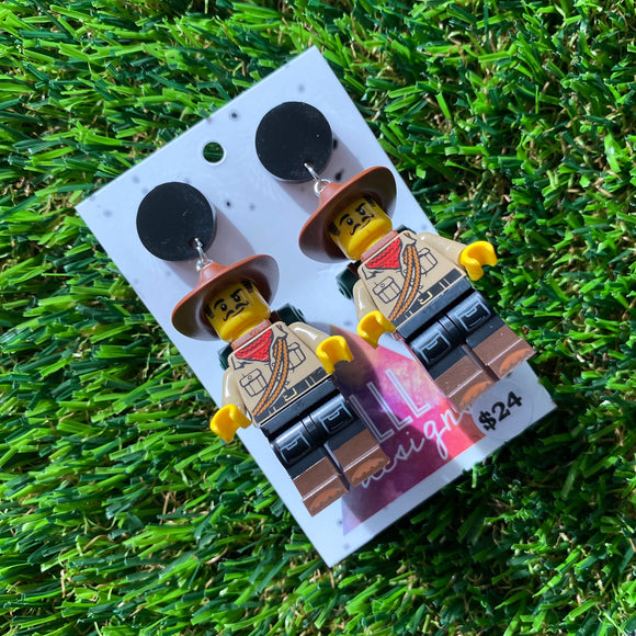 Adventure Man Brick Character Dangle Earrings - Featuring a Black Top!