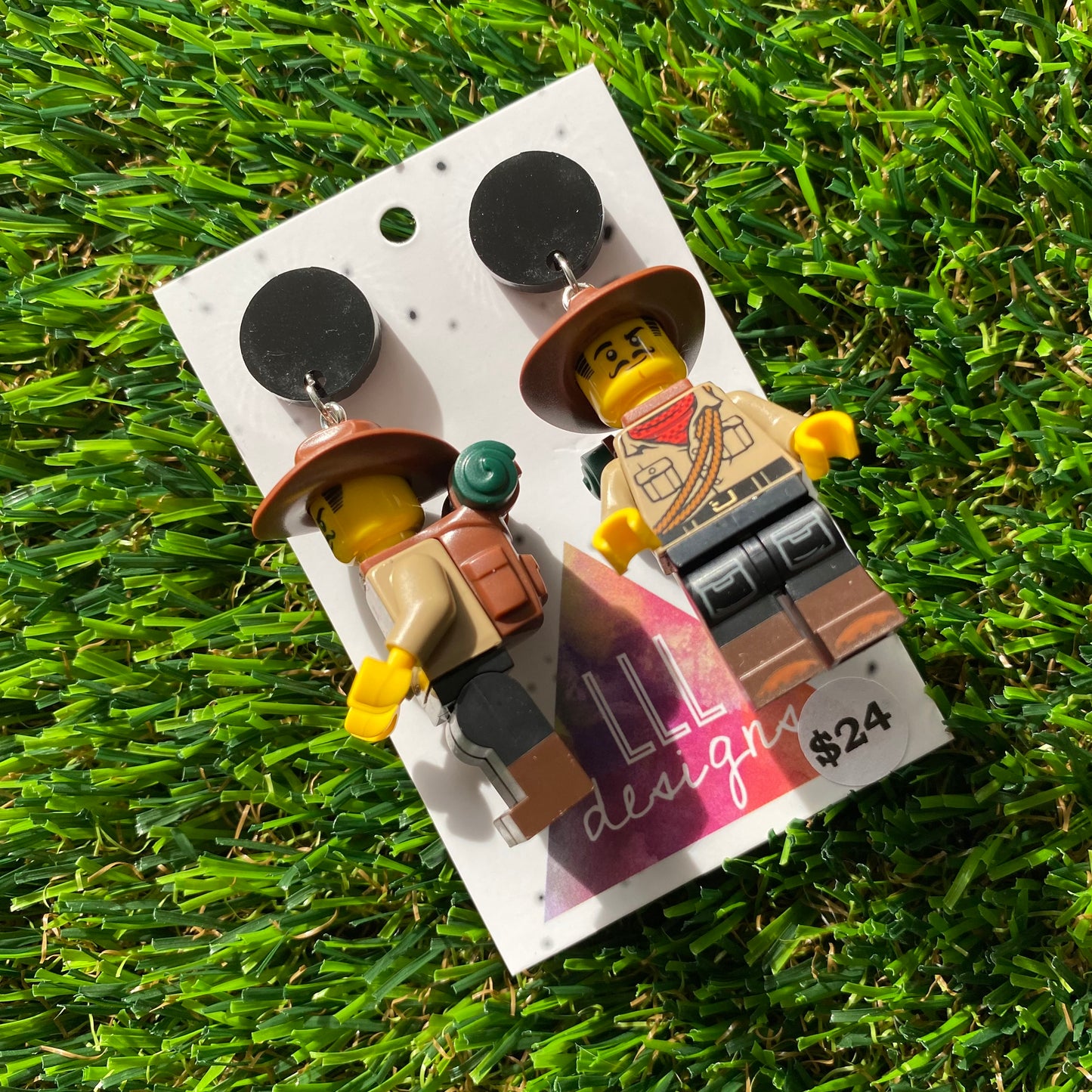 Adventure Man Brick Character Dangle Earrings - Featuring a Black Top!