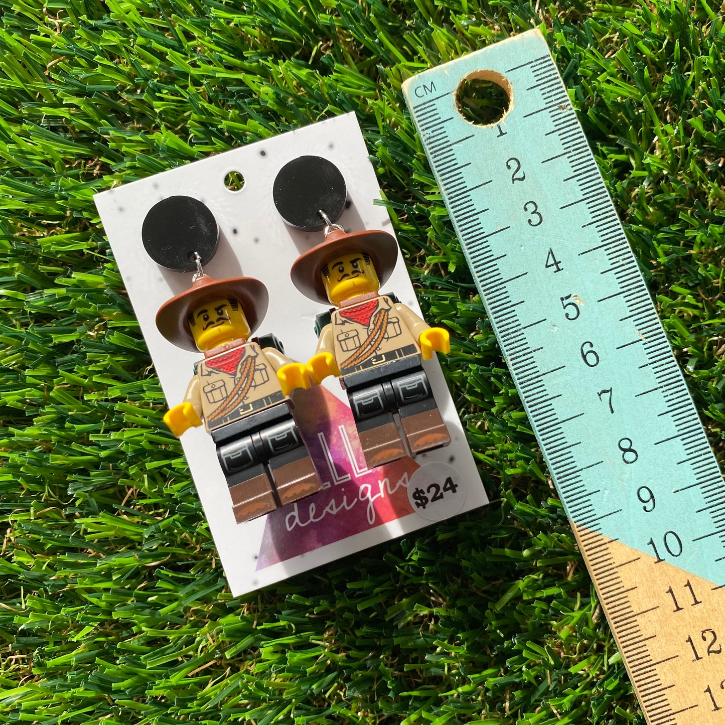 Adventure Man Brick Character Dangle Earrings - Featuring a Black Top!