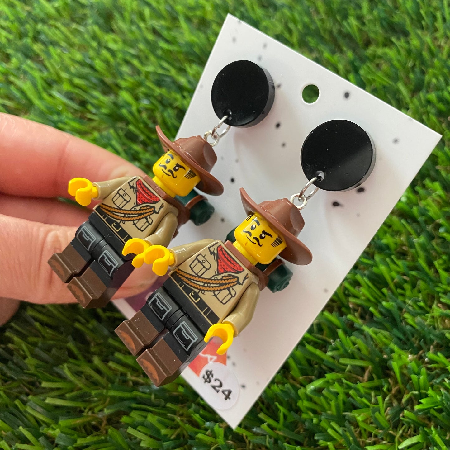 Adventure Man Brick Character Dangle Earrings - Featuring a Black Top!