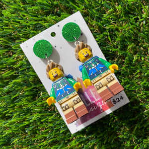 Hiker Guy Brick Character Dangle Earrings - Featuring a Glittery Green Top!