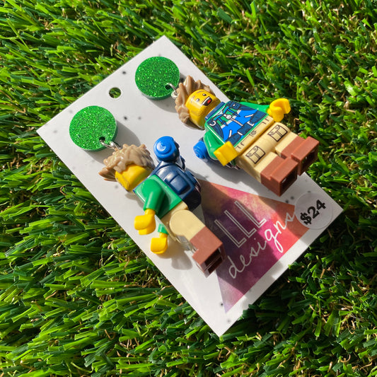 Hiker Guy Brick Character Dangle Earrings - Featuring a Glittery Green Top!