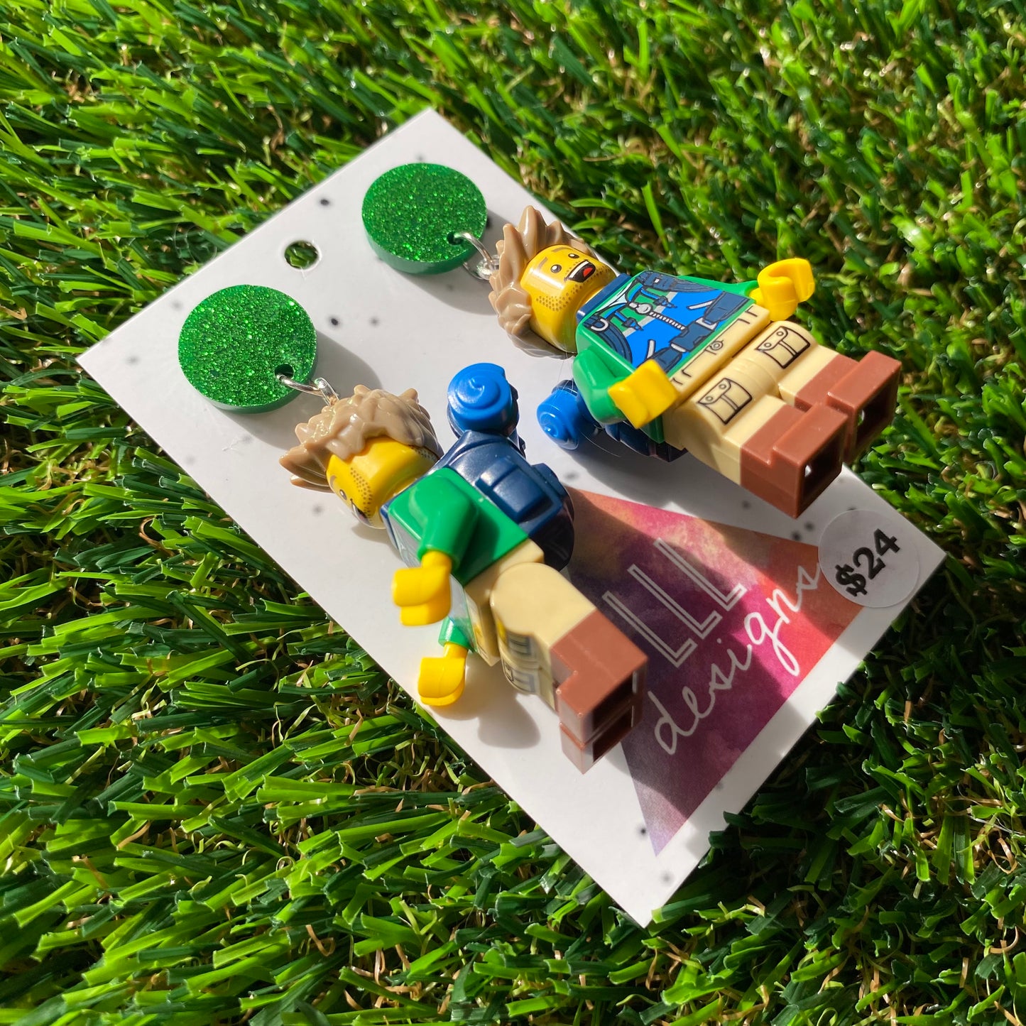 Hiker Guy Brick Character Dangle Earrings - Featuring a Glittery Green Top!