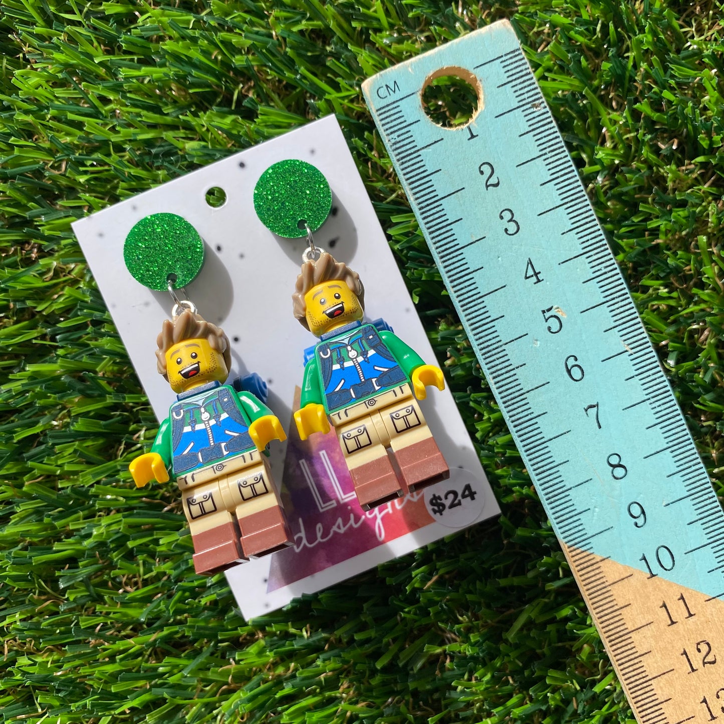 Hiker Guy Brick Character Dangle Earrings - Featuring a Glittery Green Top!