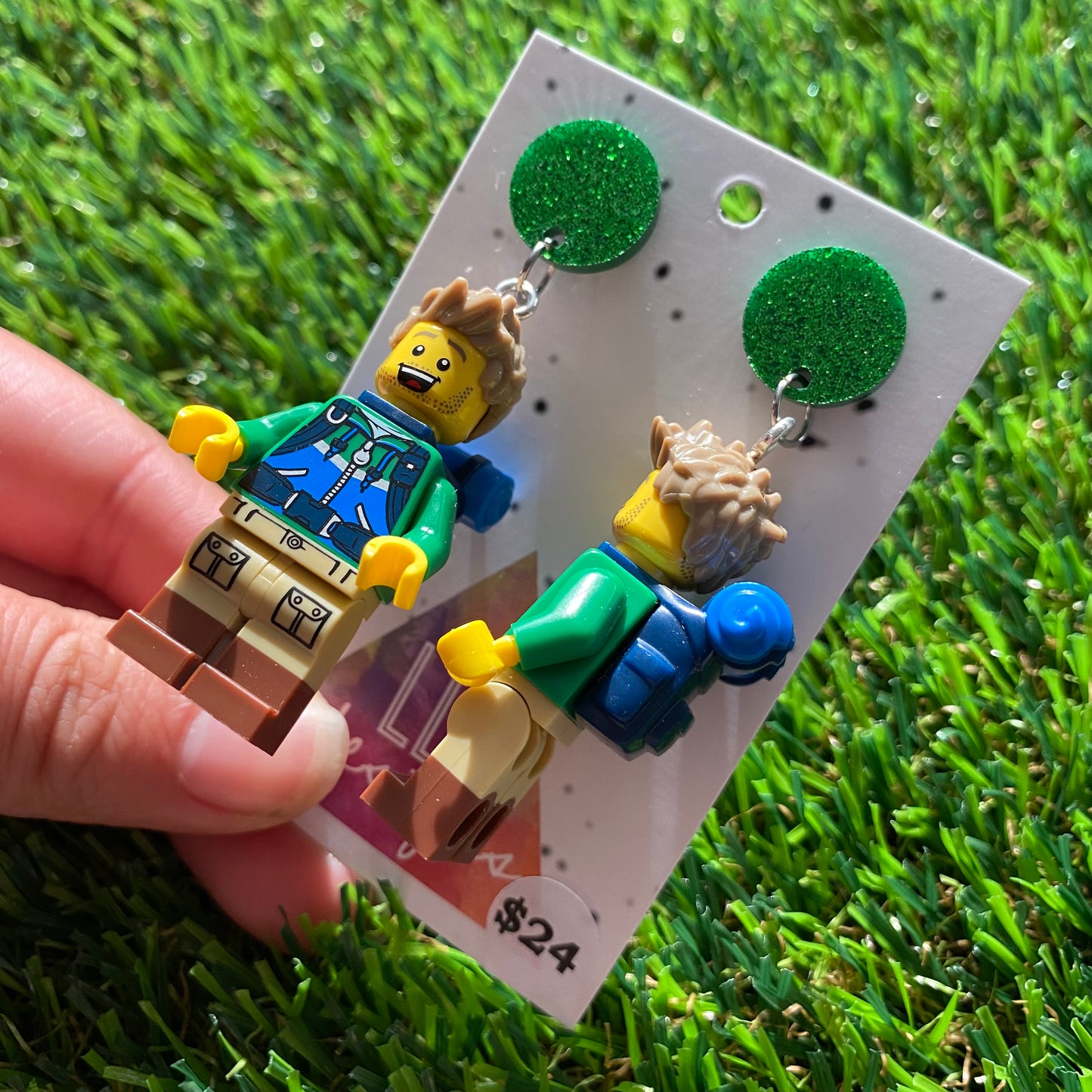 Hiker Guy Brick Character Dangle Earrings - Featuring a Glittery Green Top!