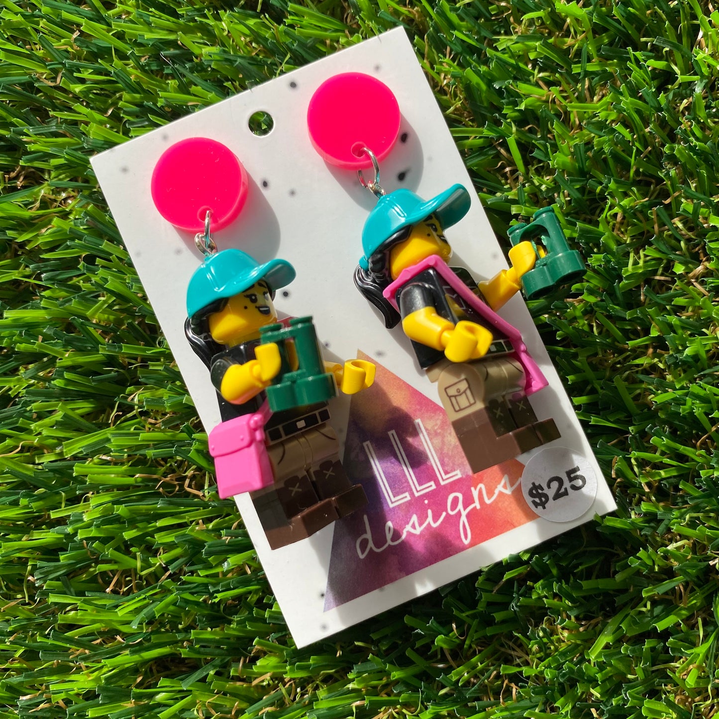 Hiking Girl Brick Character Dangle Earrings - Featuring a Bright Pink Top!
