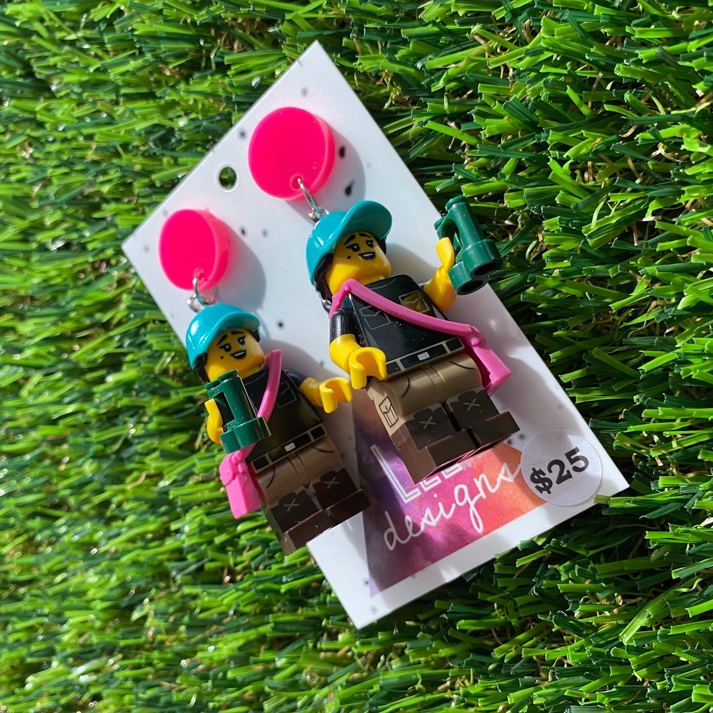 Hiking Girl Brick Character Dangle Earrings - Featuring a Bright Pink Top!