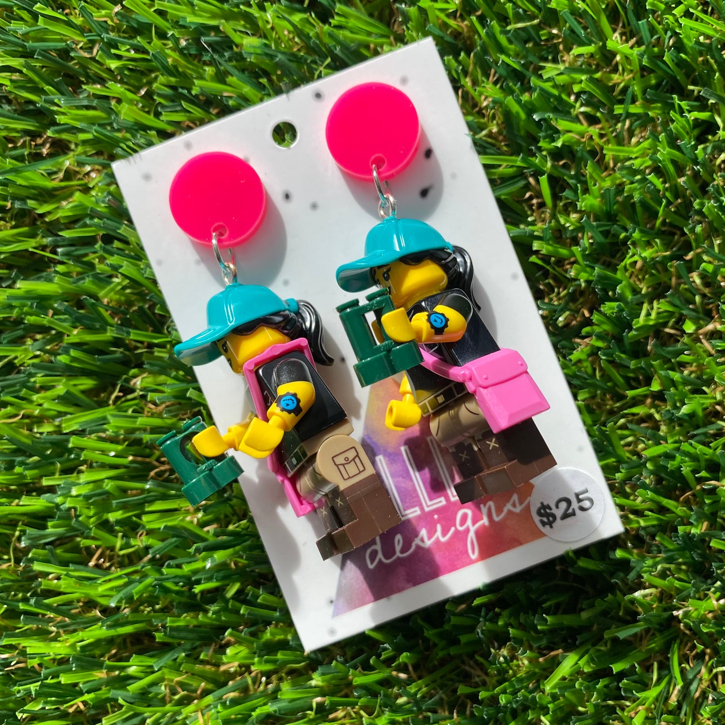 Hiking Girl Brick Character Dangle Earrings - Featuring a Bright Pink Top!