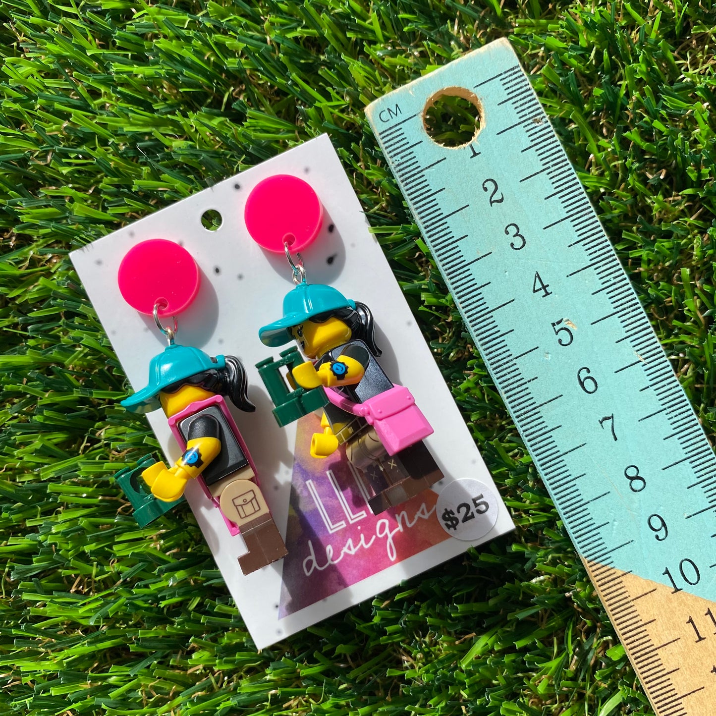 Hiking Girl Brick Character Dangle Earrings - Featuring a Bright Pink Top!
