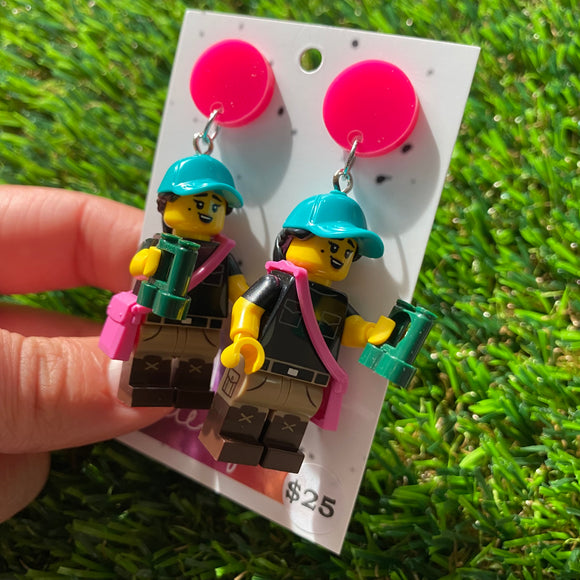 Hiking Girl Brick Character Dangle Earrings - Featuring a Bright Pink Top!