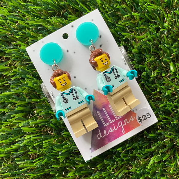 Dr Remy Brick Character Dangle Earrings - Featuring a Bright Aqua Top and Optional Syringe Accessory! (1)