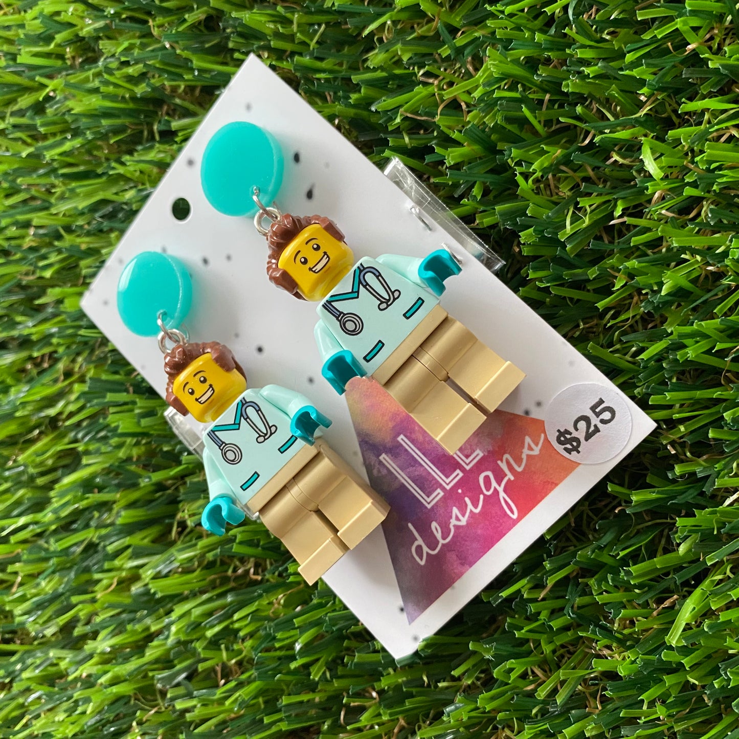 Dr Remy Brick Character Dangle Earrings - Featuring a Bright Aqua Top and Optional Syringe Accessory! (1)