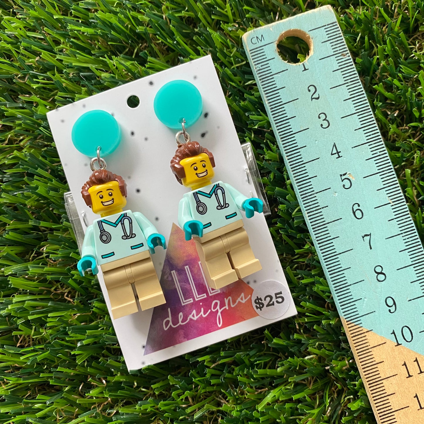 Dr Remy Brick Character Dangle Earrings - Featuring a Bright Aqua Top and Optional Syringe Accessory! (1)