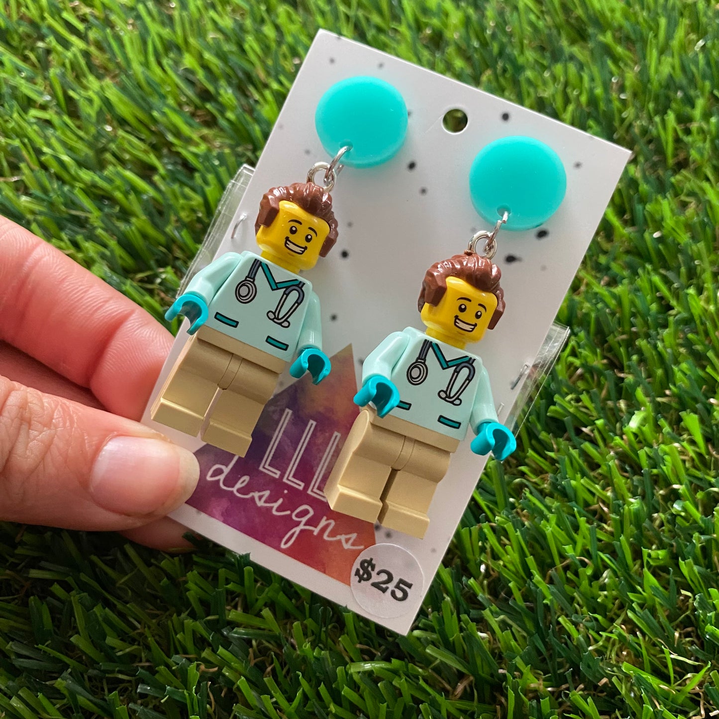 Dr Remy Brick Character Dangle Earrings - Featuring a Bright Aqua Top and Optional Syringe Accessory! (1)