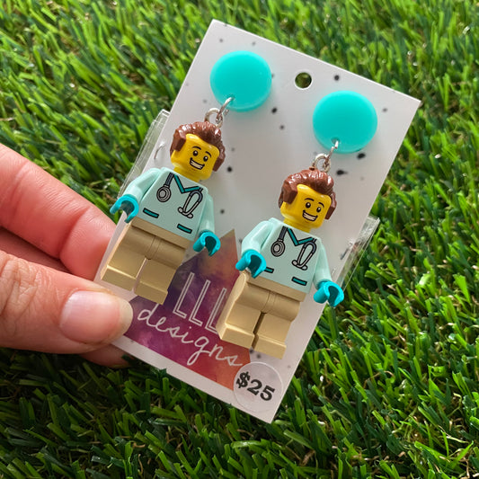 Dr Remy Brick Character Dangle Earrings - Featuring a Bright Aqua Top and Optional Syringe Accessory! (1)