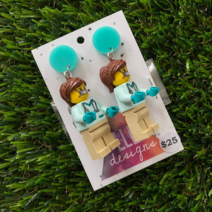 Dr Molly Brick Character Dangle Earrings - Featuring a Bright Aqua Top and Optional Syringe Accessory! (3)