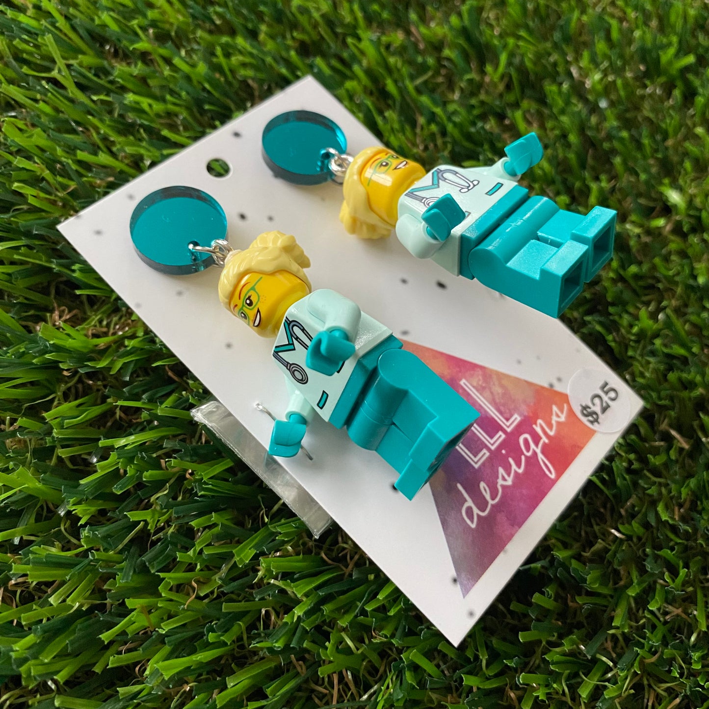 Dr Sally Brick Character Dangle Earrings - Featuring a Mirror Blue Top and Optional Syringe Accessory! (5)