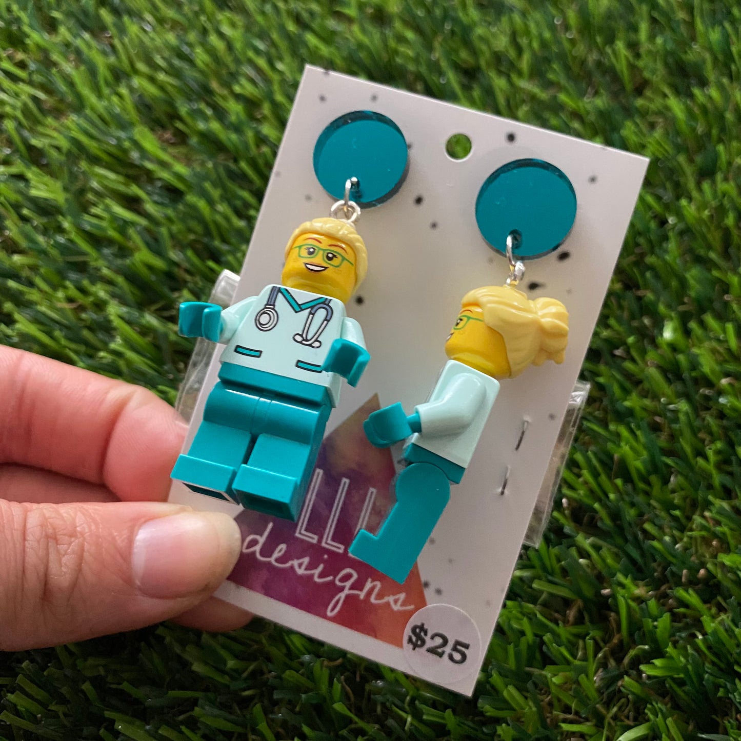 Dr Sally Brick Character Dangle Earrings - Featuring a Mirror Blue Top and Optional Syringe Accessory! (5)