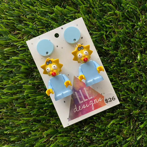 Cartoon Baby Brick Character Dangle Earrings - Featuring a Light Blue Top!