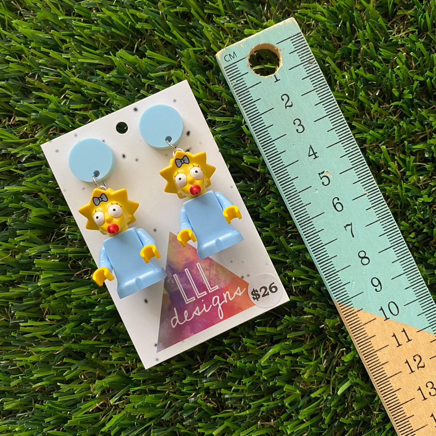 Cartoon Baby Brick Character Dangle Earrings - Featuring a Light Blue Top!
