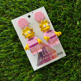 Cartoon Girl Brick Character Dangle Earrings - Featuring a Glittery Pink Top!