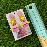 Cartoon Girl Brick Character Dangle Earrings - Featuring a Glittery Pink Top!