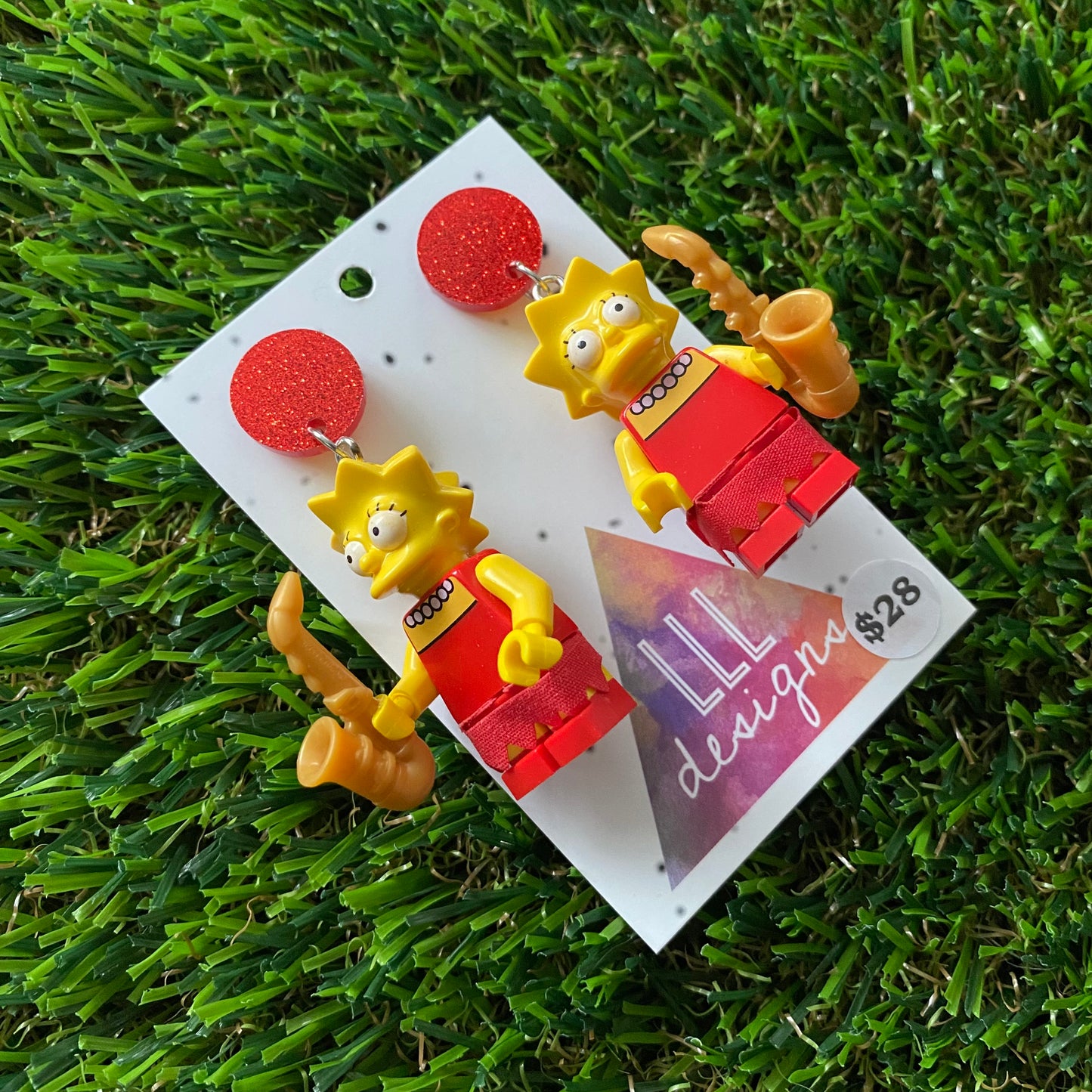 Cartoon Girl with Saxophone Brick Character Dangle Earrings - Featuring a Glittery Red Top!