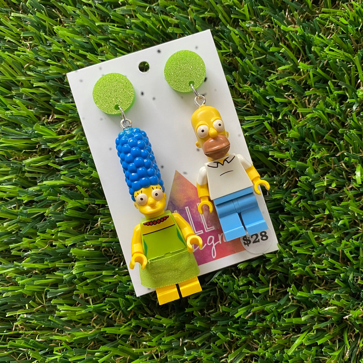 Cartoon Couple Brick Character Dangle Earrings - Featuring a Glittery Light Green Top!