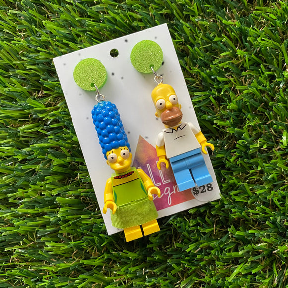 Cartoon Couple Brick Character Dangle Earrings - Featuring a Glittery Light Green Top!