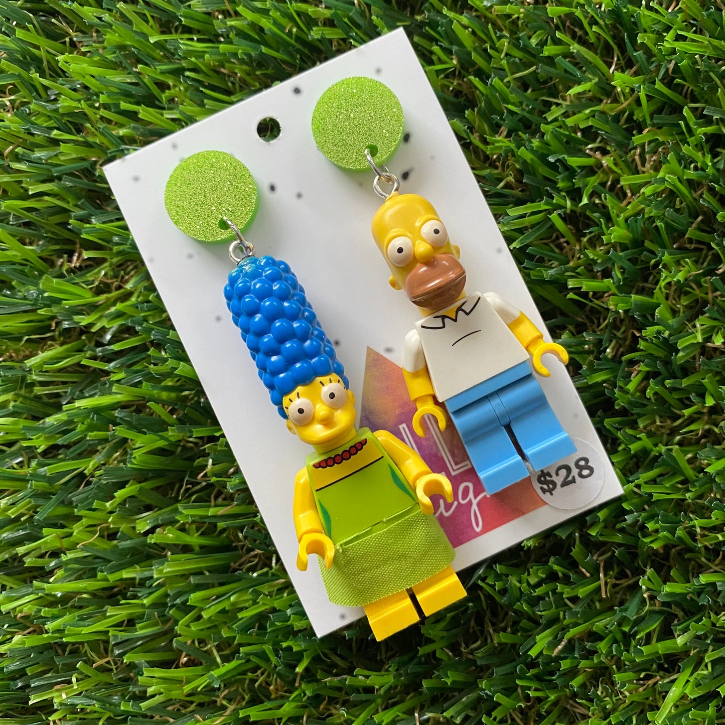 Cartoon Couple Brick Character Dangle Earrings - Featuring a Glittery Light Green Top!