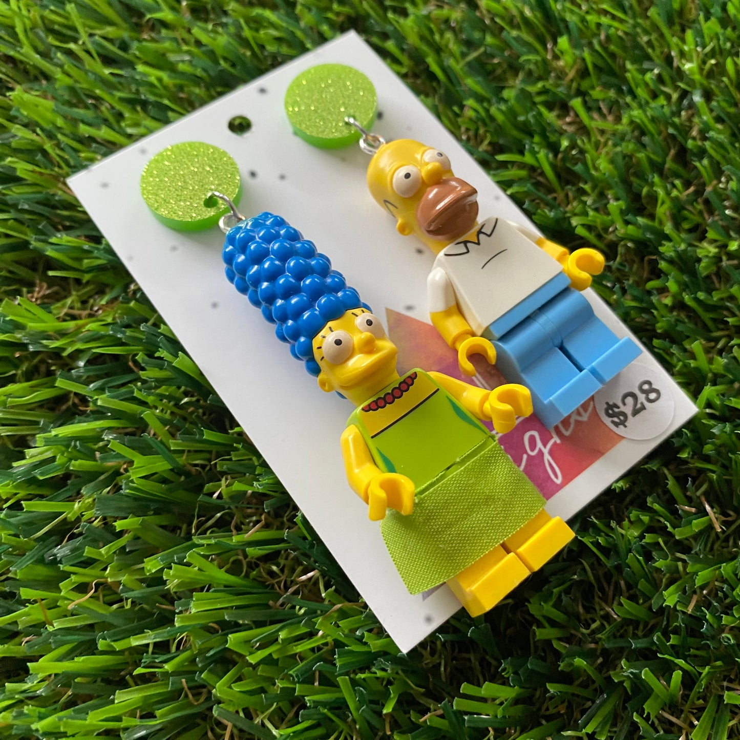 Cartoon Couple Brick Character Dangle Earrings - Featuring a Glittery Light Green Top!