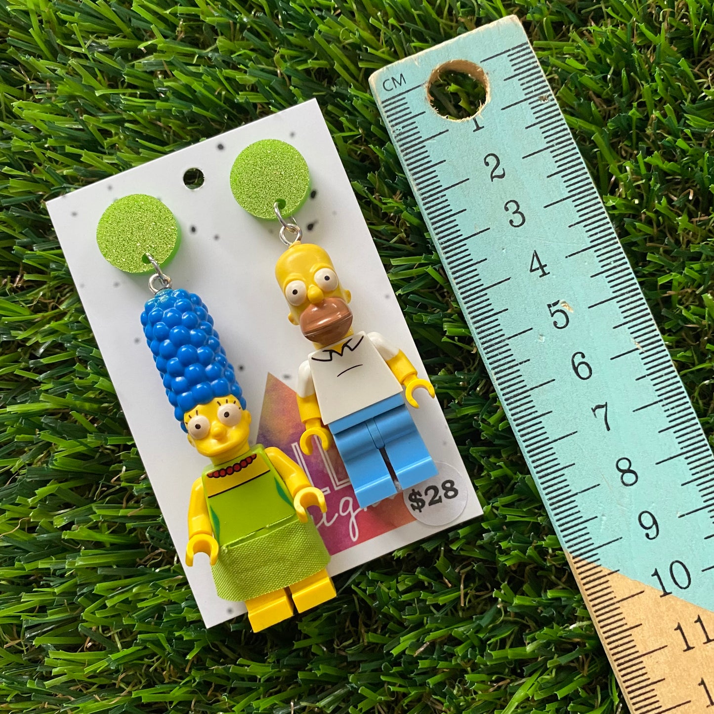 Cartoon Couple Brick Character Dangle Earrings - Featuring a Glittery Light Green Top!