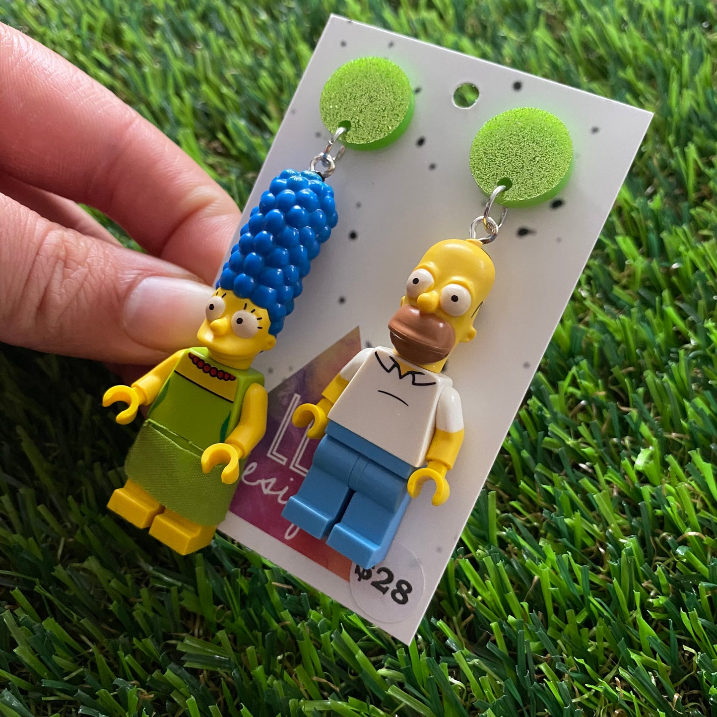 Cartoon Couple Brick Character Dangle Earrings - Featuring a Glittery Light Green Top!