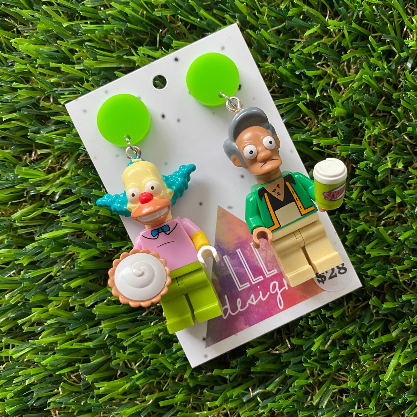 Cartoon Brick Character Duo Dangle Earrings - Featuring a Bright Green Top! (1)