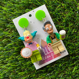 Cartoon Brick Character Duo Dangle Earrings - Featuring a Bright Green Top! (1)