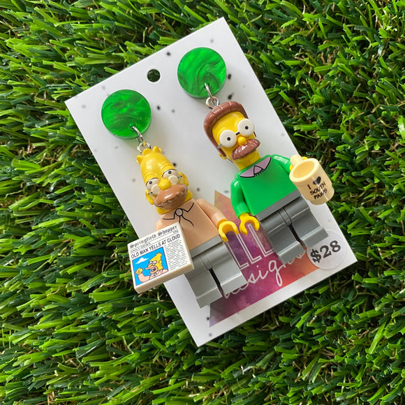 Cartoon Brick Character Duo Dangle Earrings - Featuring a Simmering Green Top! (2)