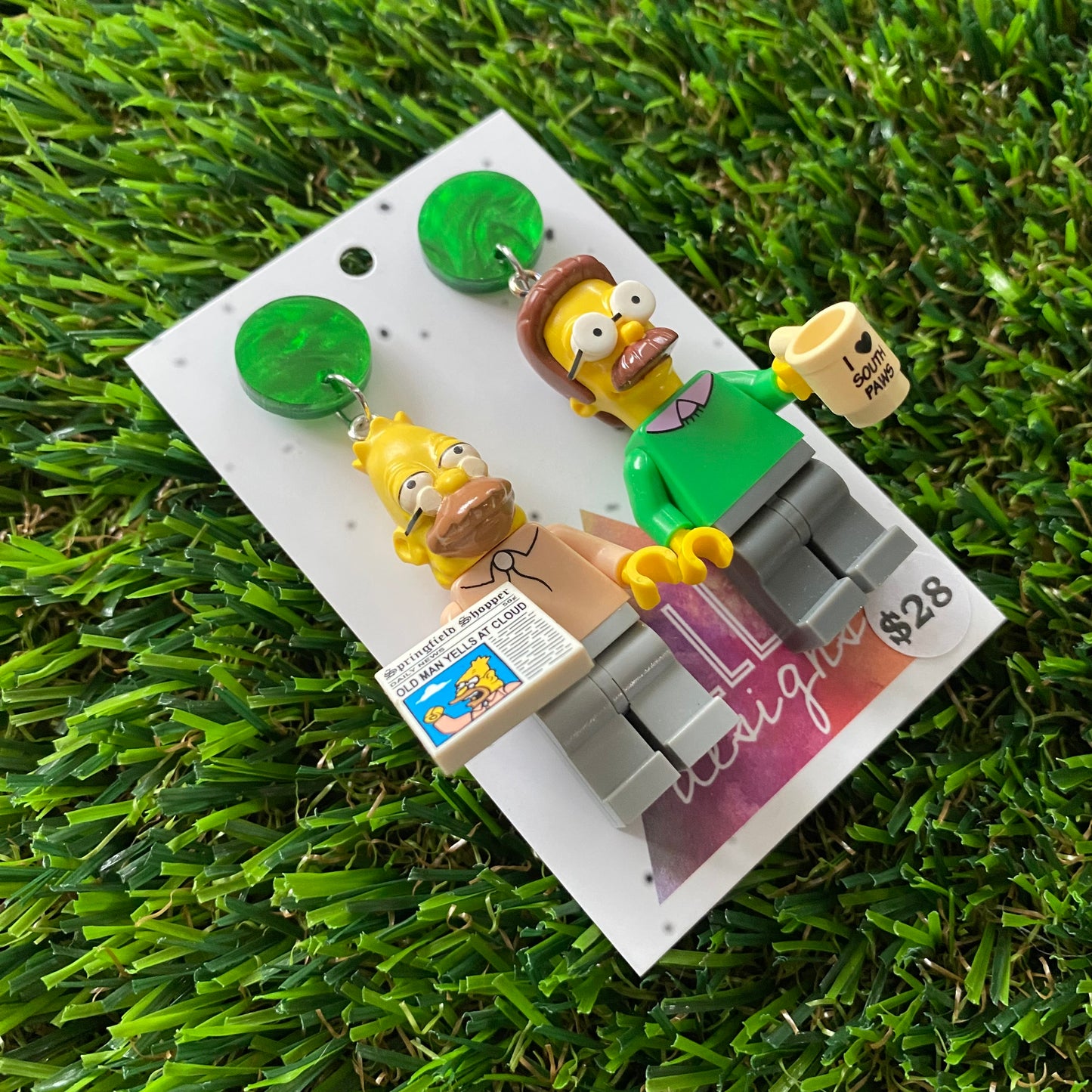 Cartoon Brick Character Duo Dangle Earrings - Featuring a Simmering Green Top! (2)