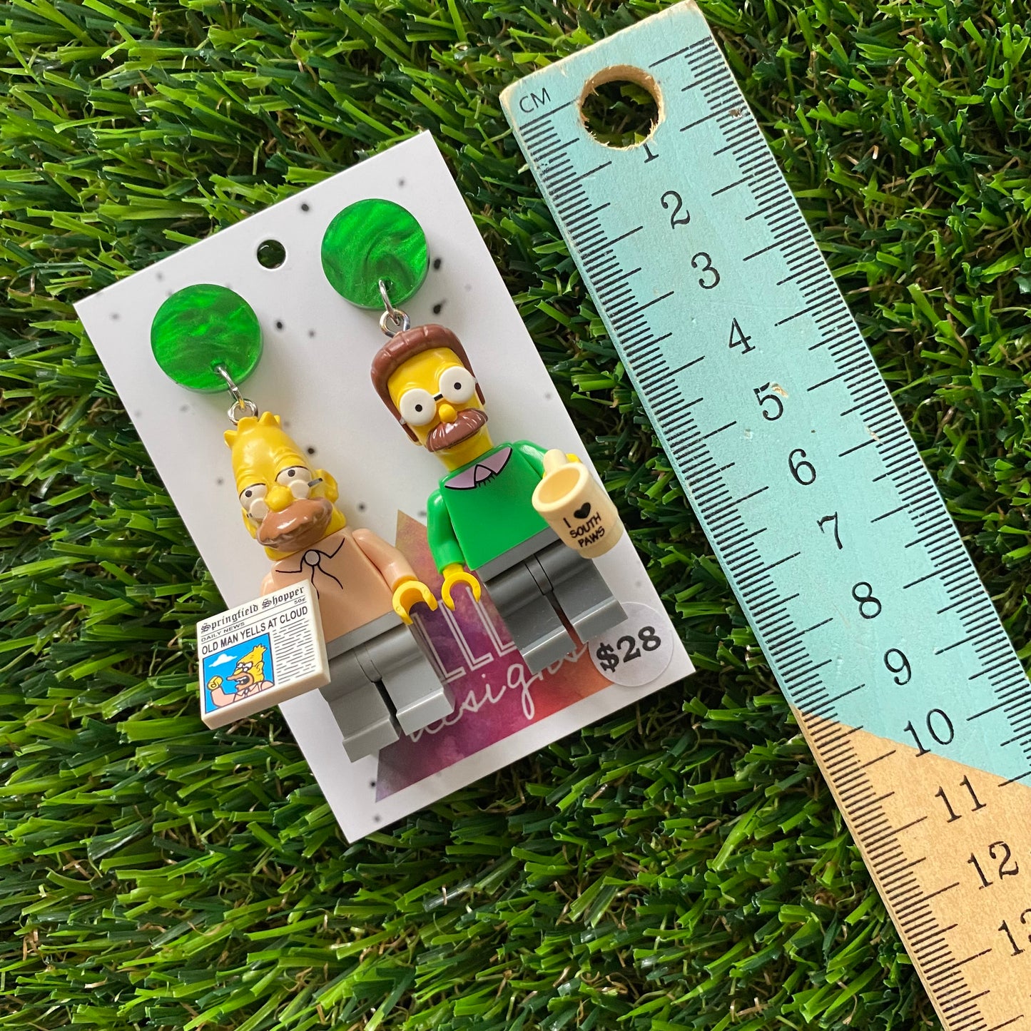 Cartoon Brick Character Duo Dangle Earrings - Featuring a Simmering Green Top! (2)