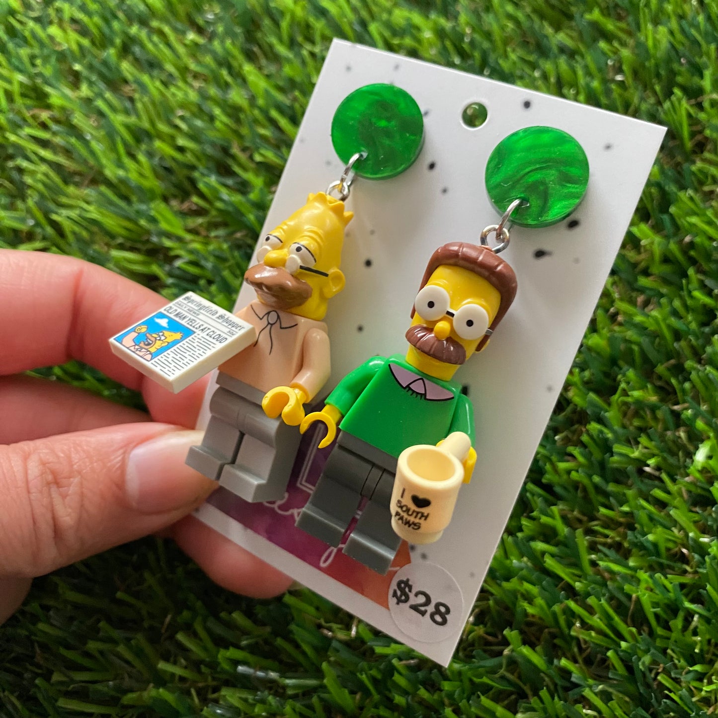 Cartoon Brick Character Duo Dangle Earrings - Featuring a Simmering Green Top! (2)