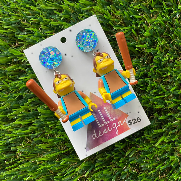 Cartoon Bully Brick Character Dangle Earrings - Featuring a Iridescent Glitter Blue Top!