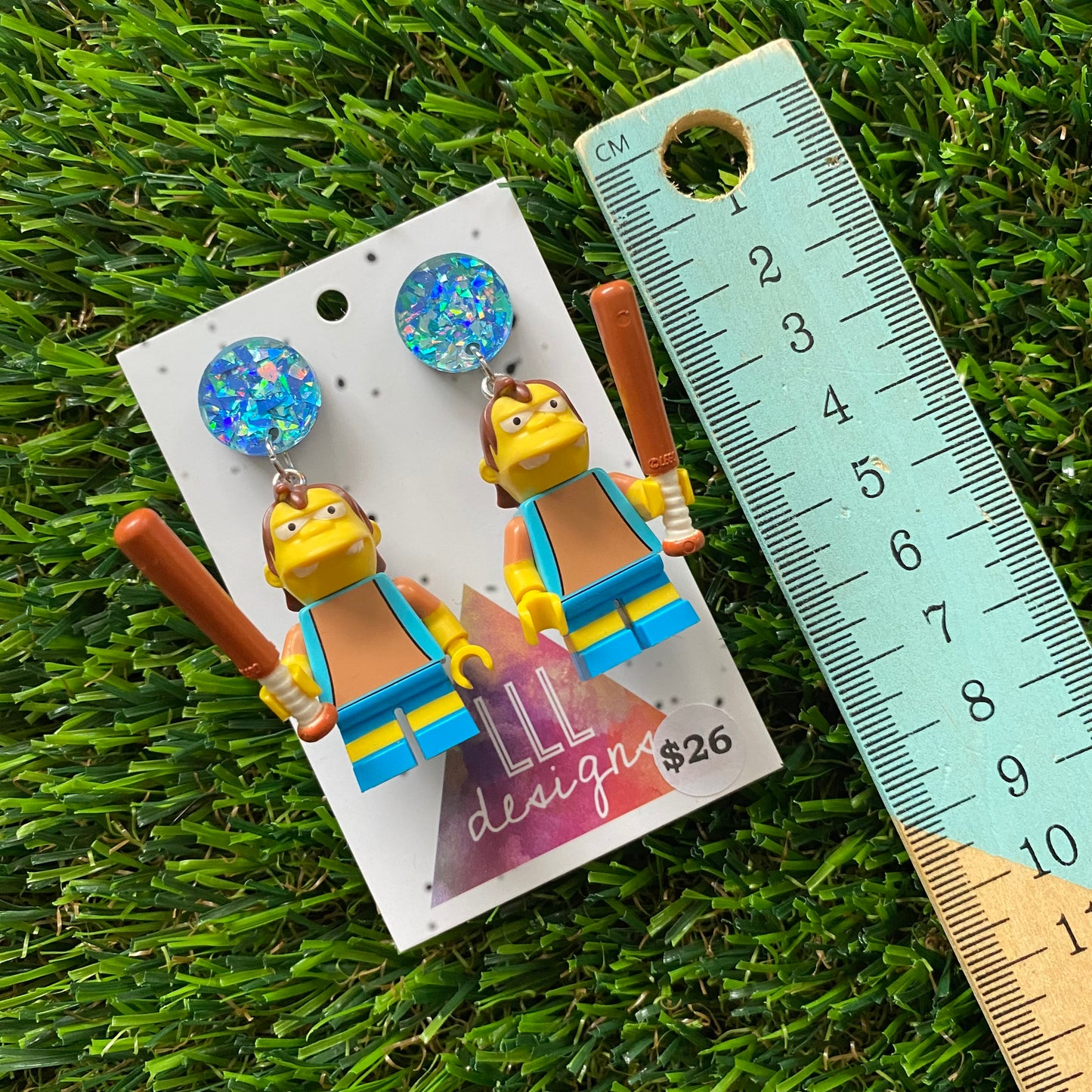 Cartoon Bully Brick Character Dangle Earrings - Featuring a Iridescent Glitter Blue Top!