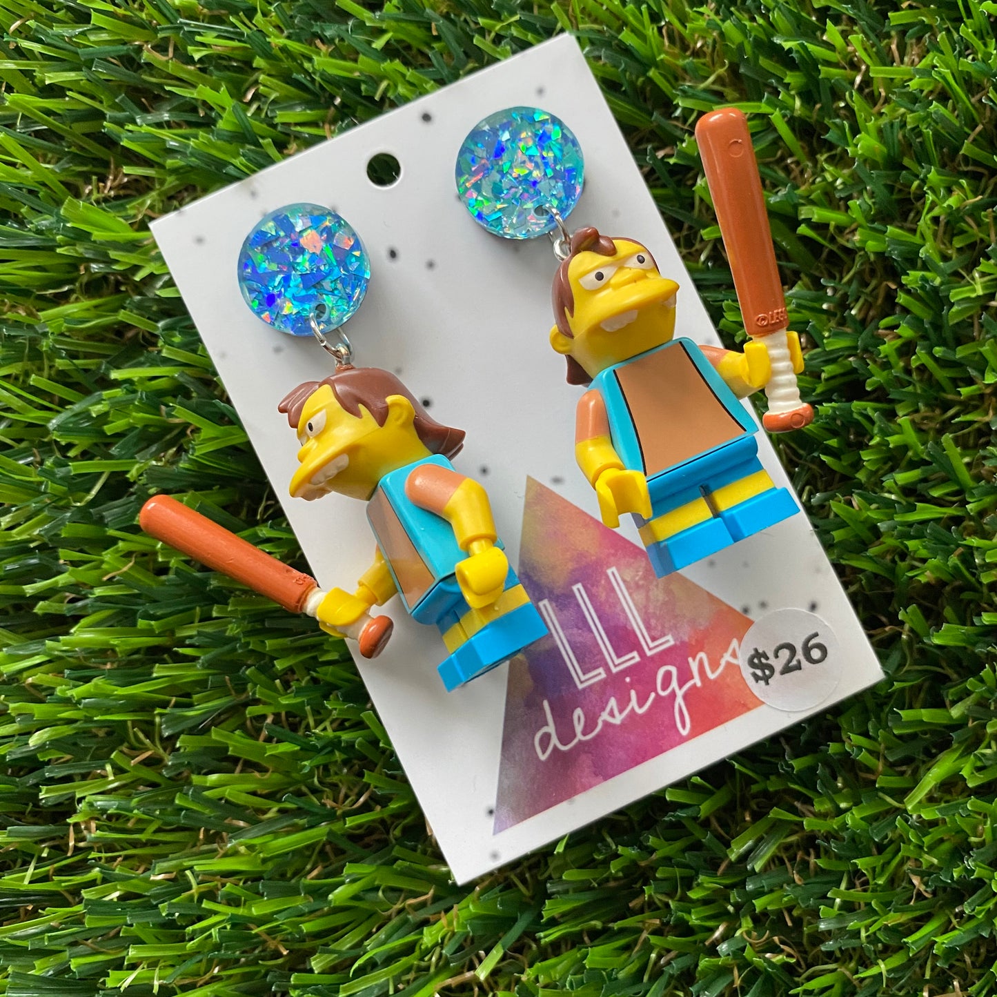 Cartoon Bully Brick Character Dangle Earrings - Featuring a Iridescent Glitter Blue Top!